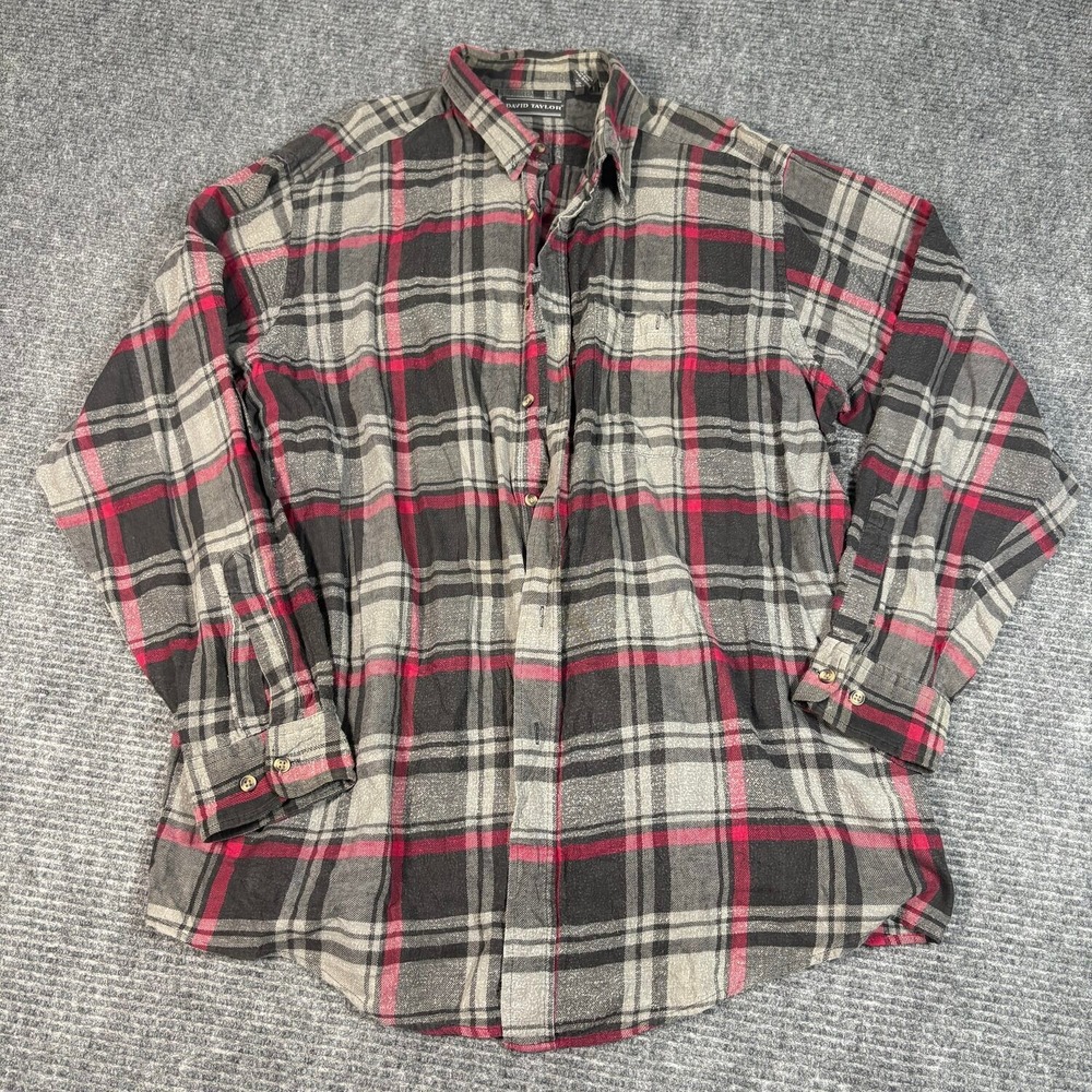 David Taylor Flannel Shirt Mens XLT Gray Red Excellent Long Sleeve Plaid Tall
